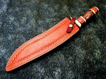 17 Inch Handmade Damascus Steel Bowie Knife with Engraved Camel Bone Handle