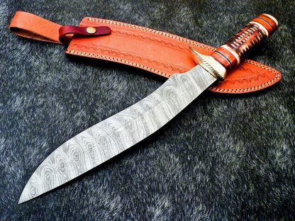17 Inch Handmade Damascus Steel Bowie Knife with Engraved Camel Bone Handle