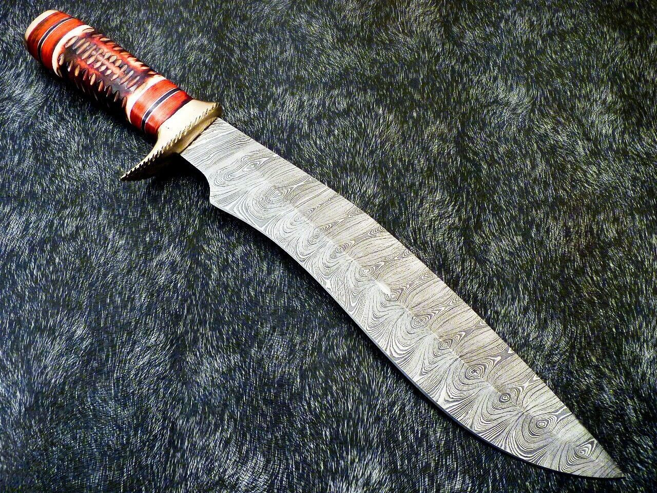 17 Inch Handmade Damascus Steel Bowie Knife with Engraved Camel Bone Handle
