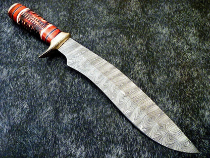 17 Inch Handmade Damascus Steel Bowie Knife with Engraved Camel Bone Handle