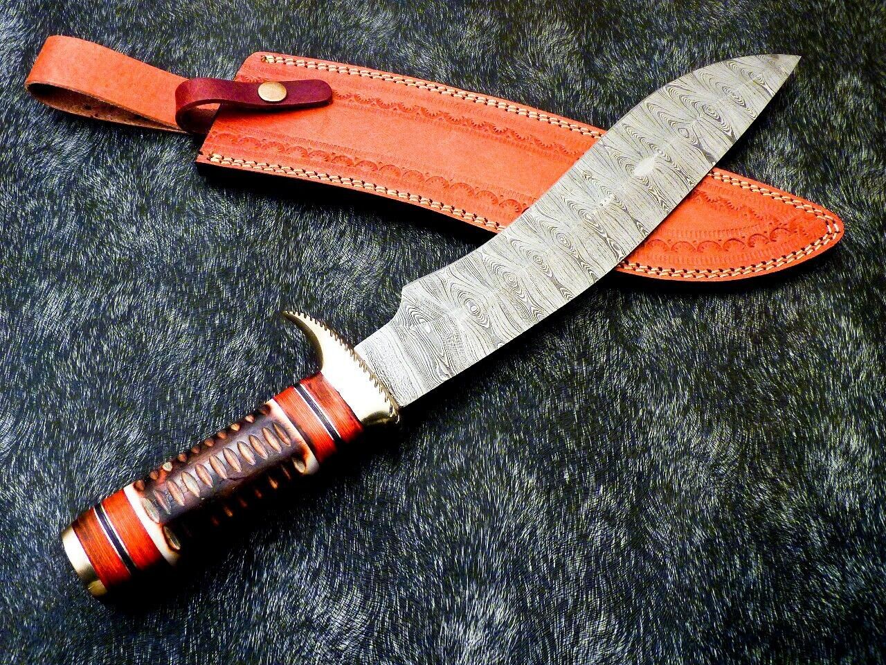 17 Inch Handmade Damascus Steel Bowie Knife with Engraved Camel Bone Handle