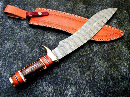17 Inch Handmade Damascus Steel Bowie Knife with Engraved Camel Bone Handle
