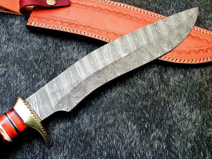 17 Inch Handmade Damascus Steel Bowie Knife with Engraved Camel Bone Handle