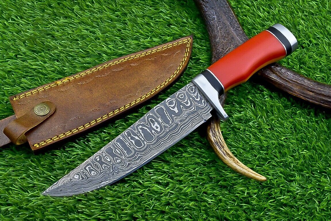 Heritage Forge 12 Inch Handmade Damascus Steel Bowie Knife with Resin Handle and Leather Sheath