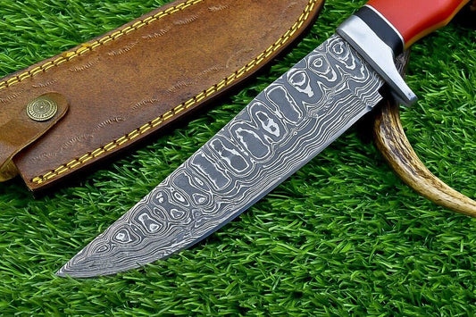 Heritage Forge 12 Inch Handmade Damascus Steel Bowie Knife with Resin Handle and Leather Sheath