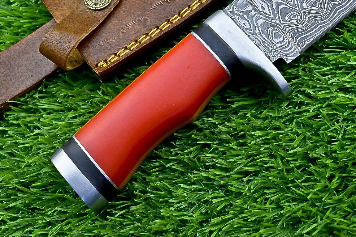 Heritage Forge 12 Inch Handmade Damascus Steel Bowie Knife with Resin Handle and Leather Sheath