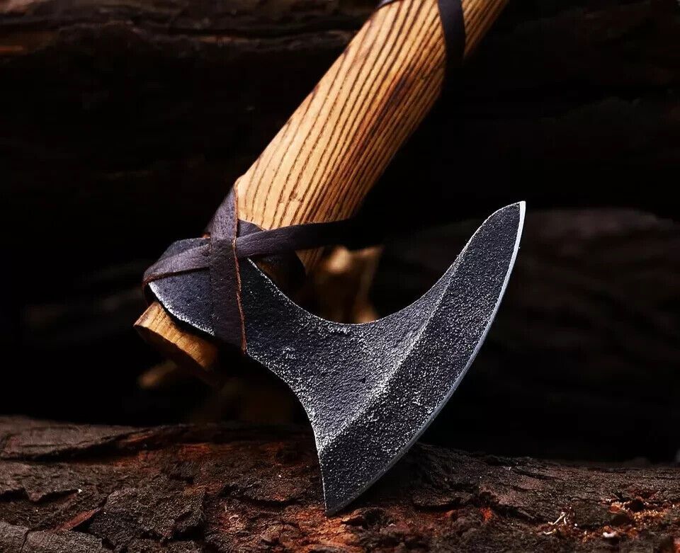 LothBrok Viking Axe Hand Forged Carbon Steel Bearded Hatchet with Rosewood Handle and Leather Sheath