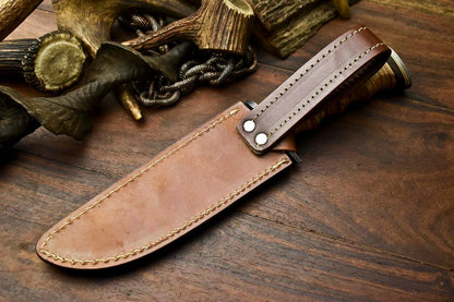 Heritage Forge 12.5 Inch Handmade Damascus Bowie Knife with Stacked Leather Handle