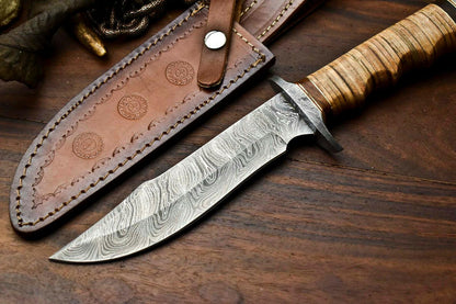 Heritage Forge 12.5 Inch Handmade Damascus Bowie Knife with Stacked Leather Handle