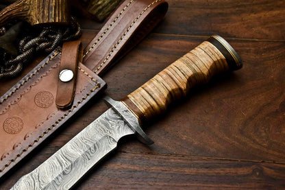 Heritage Forge 12.5 Inch Handmade Damascus Bowie Knife with Stacked Leather Handle