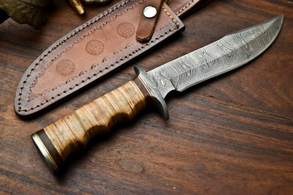 Heritage Forge 12.5 Inch Handmade Damascus Bowie Knife with Stacked Leather Handle