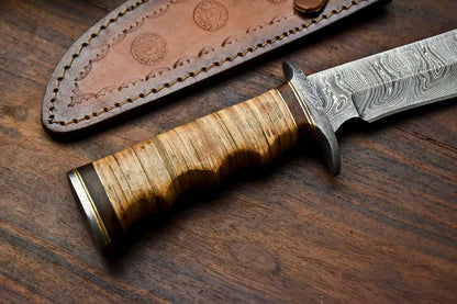 Heritage Forge 12.5 Inch Handmade Damascus Bowie Knife with Stacked Leather Handle