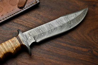 Heritage Forge 12.5 Inch Handmade Damascus Bowie Knife with Stacked Leather Handle