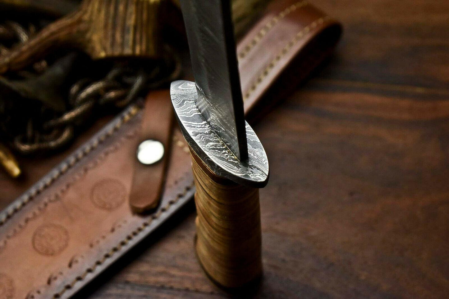 Heritage Forge 12.5 Inch Handmade Damascus Bowie Knife with Stacked Leather Handle