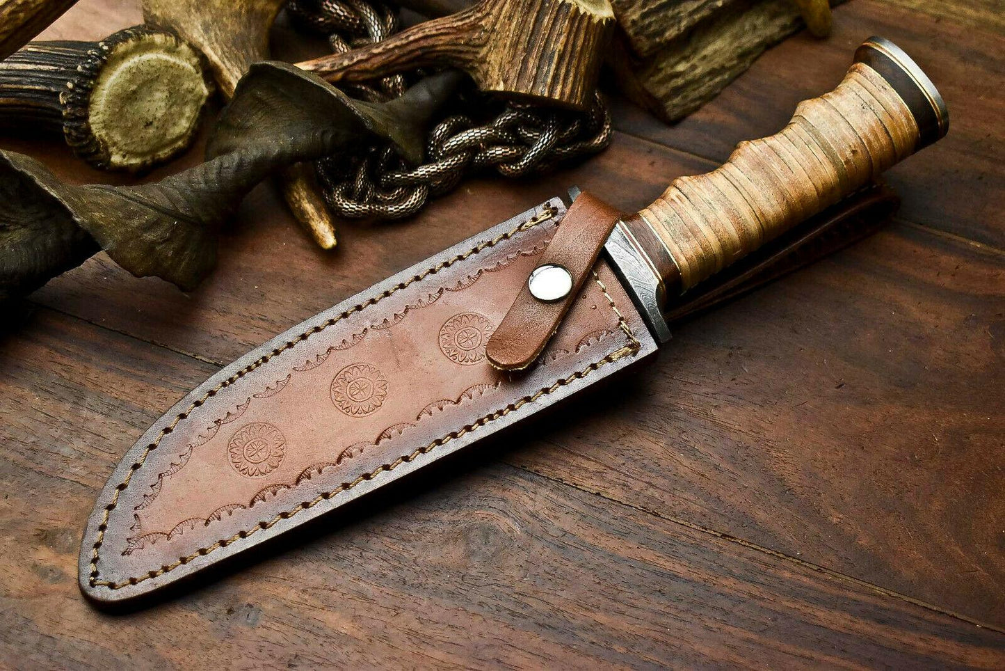 Heritage Forge 12.5 Inch Handmade Damascus Bowie Knife with Stacked Leather Handle