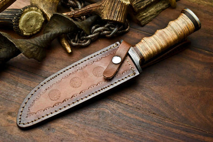 Heritage Forge 12.5 Inch Handmade Damascus Bowie Knife with Stacked Leather Handle