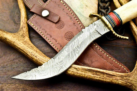 Damascus Steel Bowie Knife – Handmade Hunting Blade with Camel Bone Handle
