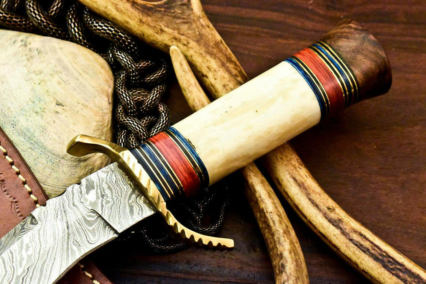 Damascus Steel Bowie Knife – Handmade Hunting Blade with Camel Bone Handle
