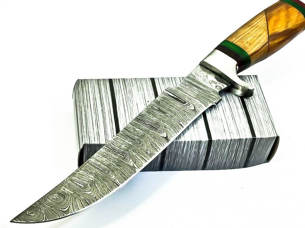 12.75 Inch Damascus Steel Bowie Hunting Knife with Wood Handle and Steel Guard