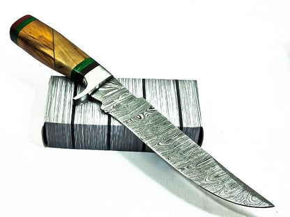 12.75 Inch Damascus Steel Bowie Hunting Knife with Wood Handle and Steel Guard