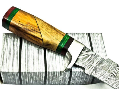 12.75 Inch Damascus Steel Bowie Hunting Knife with Wood Handle and Steel Guard