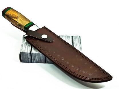 12.75 Inch Damascus Steel Bowie Hunting Knife with Wood Handle and Steel Guard