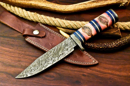Damascus Steel Bowie Knife with Camel Bone Handle