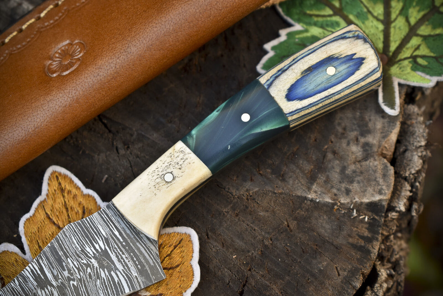 7.0" Twist Damascus Skinner Knife Mixed Handle Custom Fishing Collectible