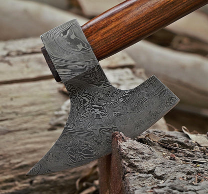 Hand Forged Damascus Steel Axe | Bearded Goosewing Damascus Axe with Wood Handle & Leather Sheath