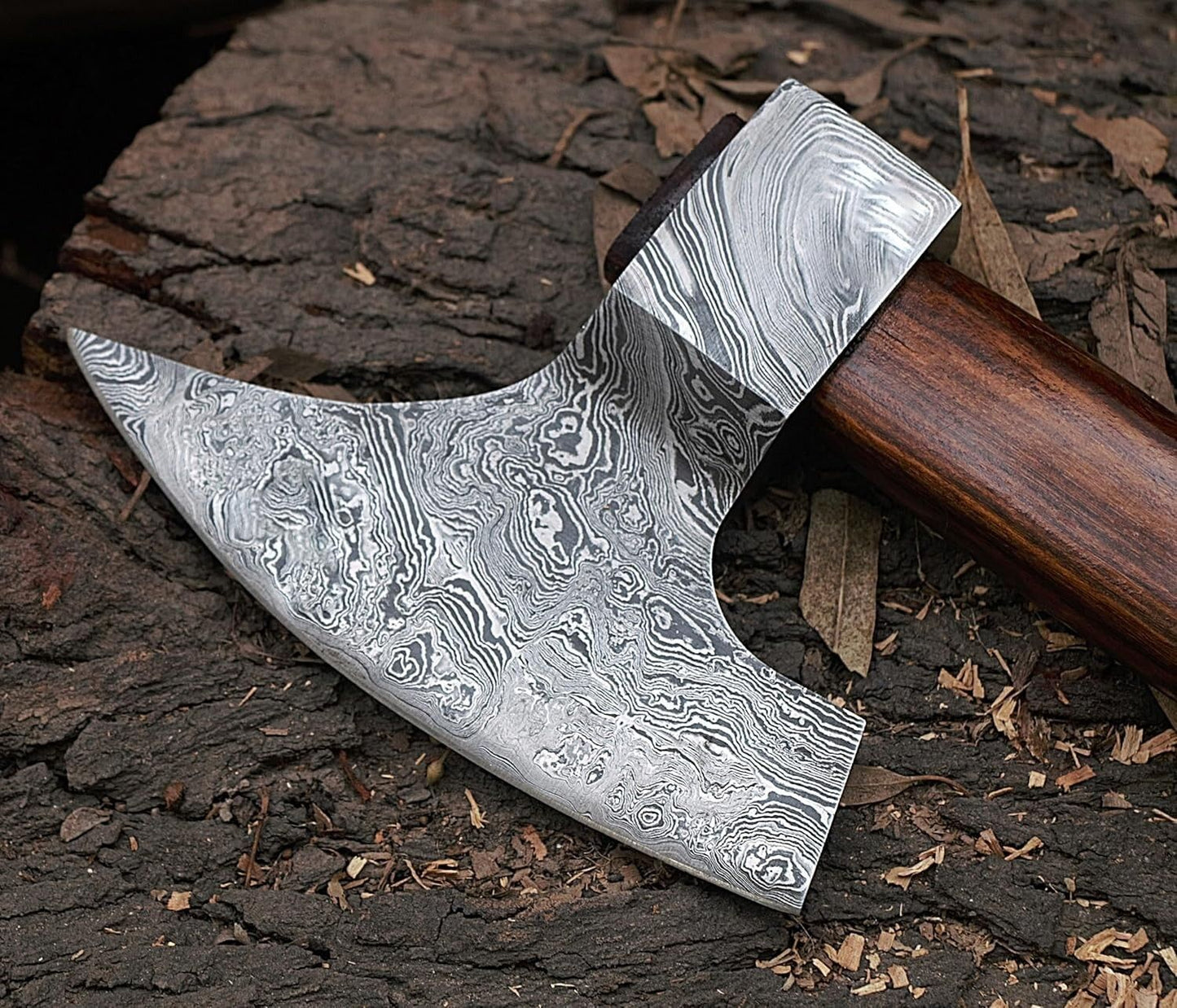 Hand Forged Damascus Steel Axe | Bearded Goosewing Damascus Axe with Wood Handle & Leather Sheath