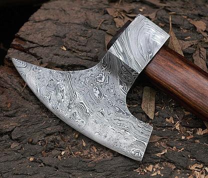 Hand Forged Damascus Steel Axe | Bearded Goosewing Damascus Axe with Wood Handle & Leather Sheath