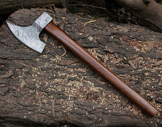 Hand Forged Damascus Steel Axe | Bearded Goosewing Damascus Axe with Wood Handle & Leather Sheath