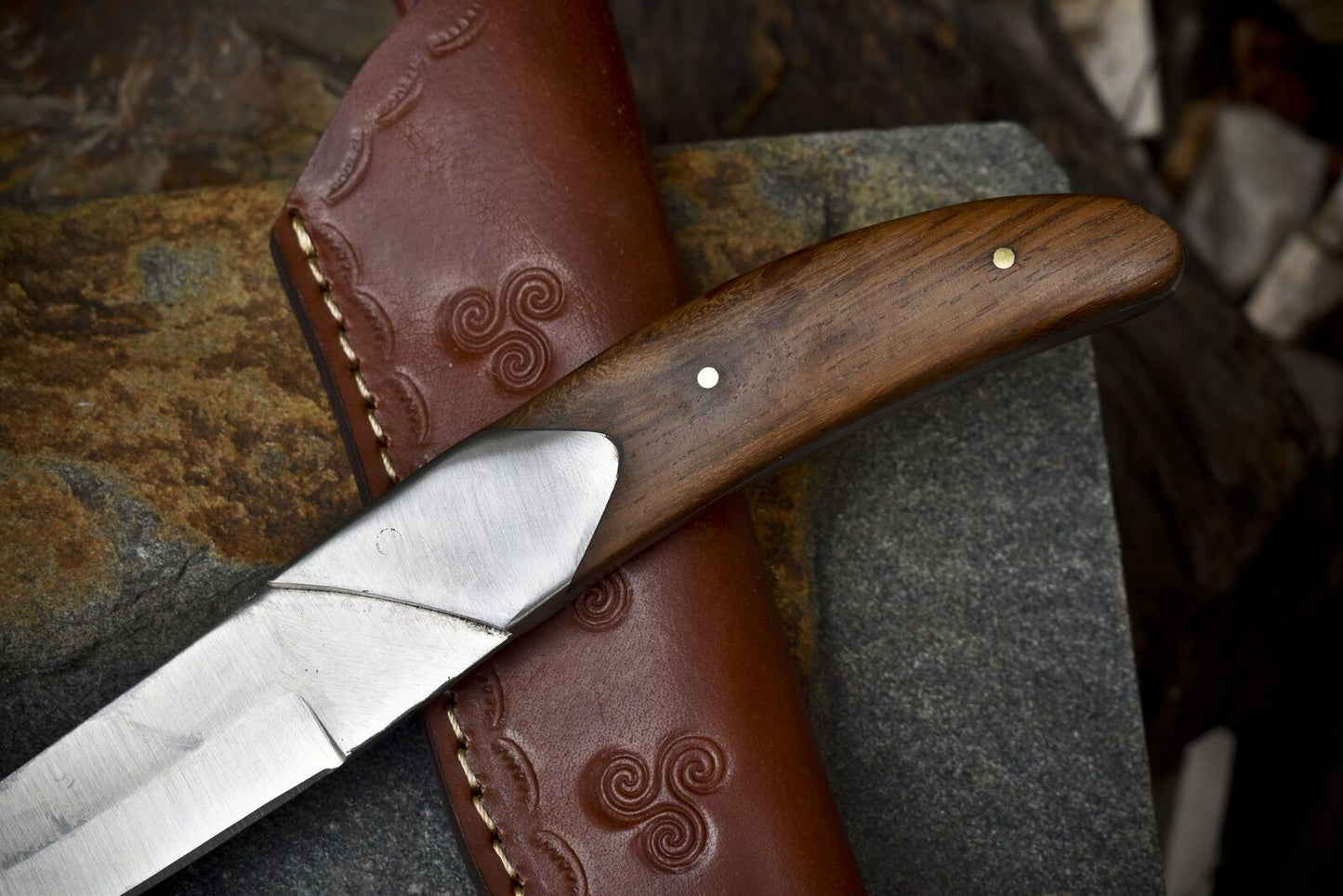 10" 440C Steel Skinner Knife with Walnut Wood Handle & Steel Bolster Leather Sheath