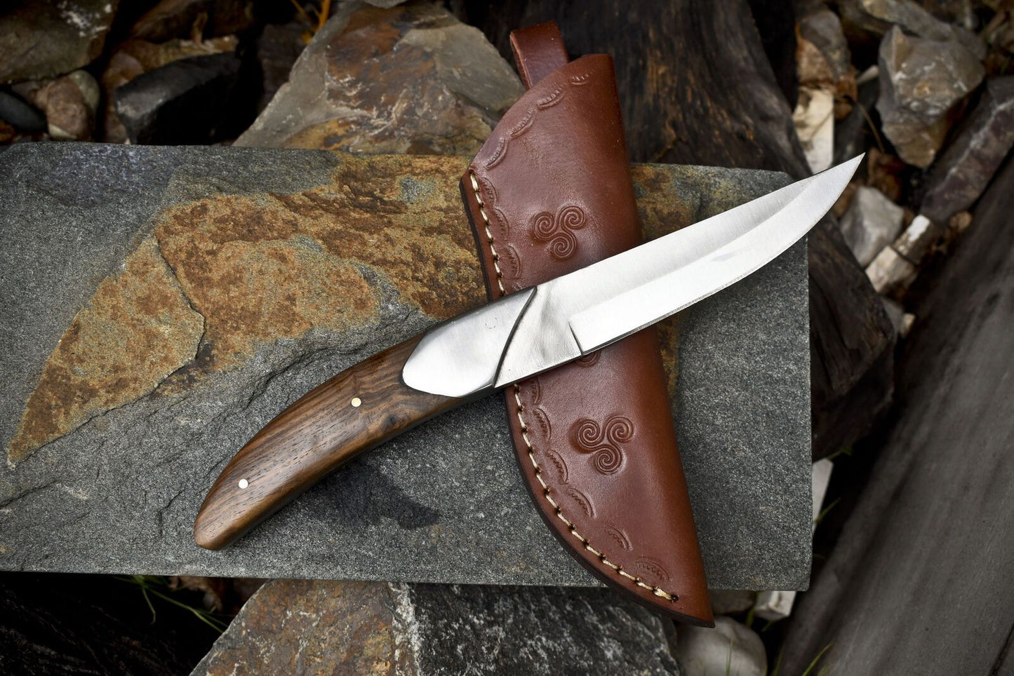 10" 440C Steel Skinner Knife with Walnut Wood Handle & Steel Bolster Leather Sheath