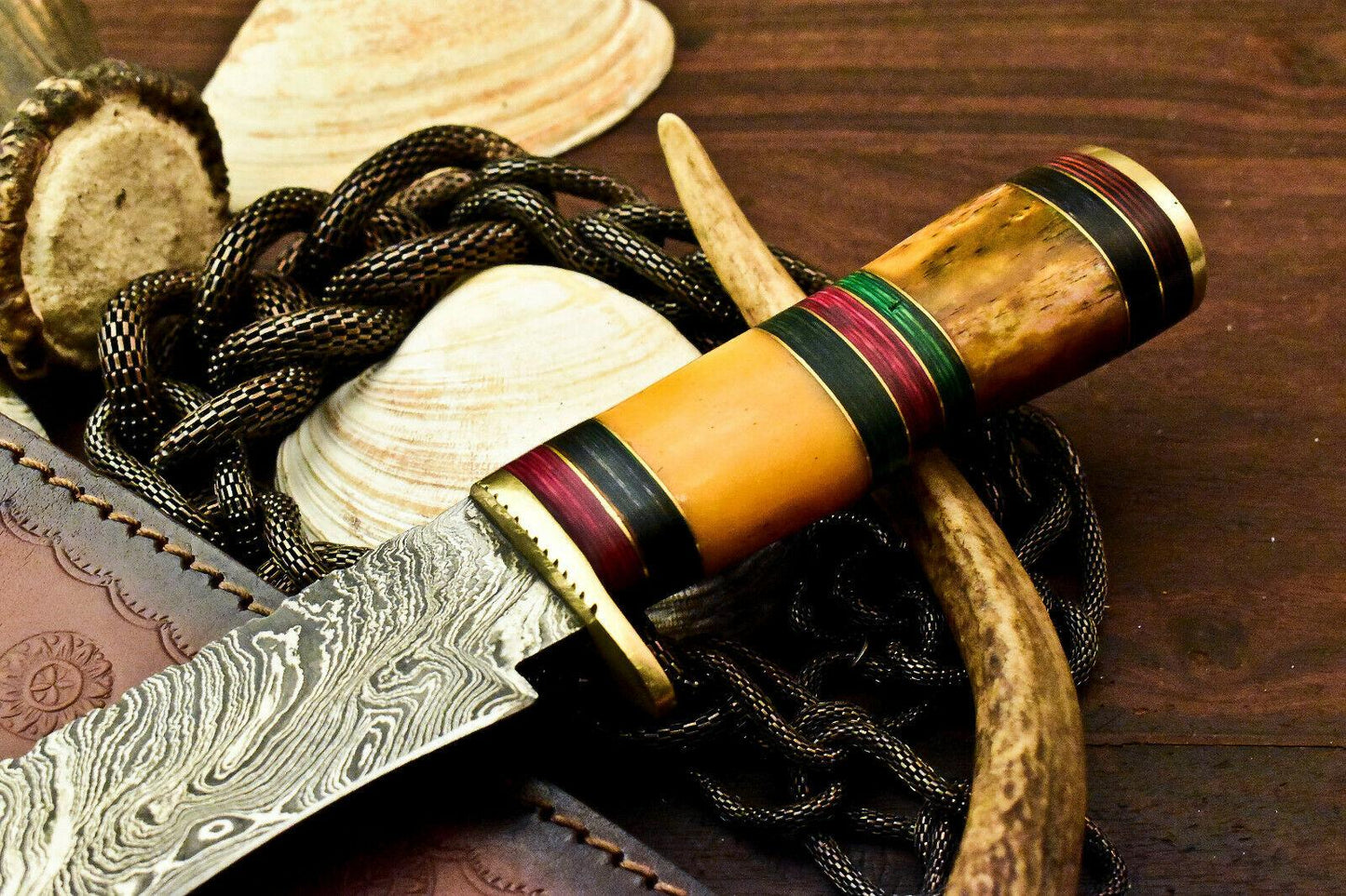 13" Handmade Damascus Steel Bowie Knife | Stained Camel Bone Handle