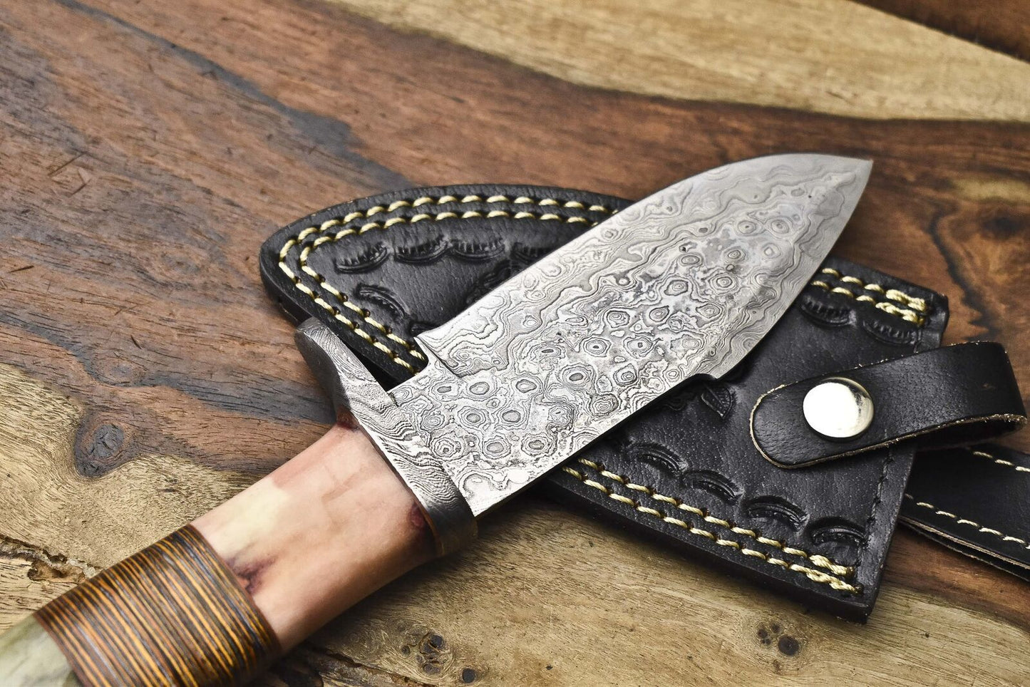 Hot Item Skinner Knife Rain Drop Damascus Camel Bone and Wood EDC with Leather Sheath