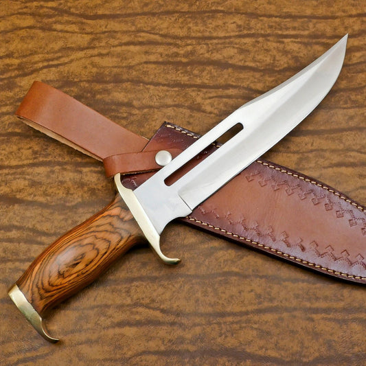 Handmade 12-Inch D2 Steel Clip Point Bowie Hunting Knife with Pakka Wood Handle & Leather Sheath