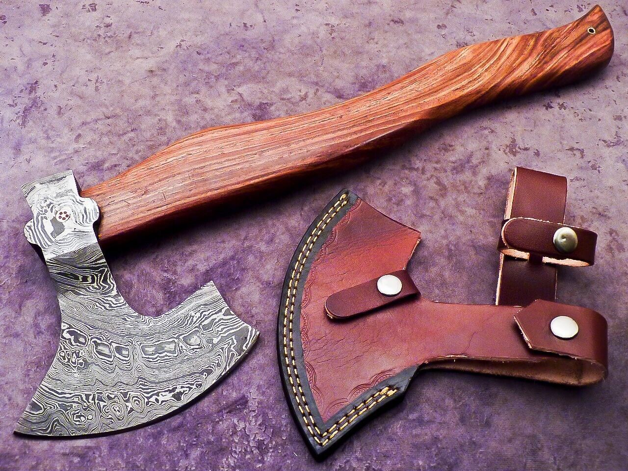 Unique Handmade Damascus Steel Axe 16-Inch with Natural Wood Handle and Leather Sheath