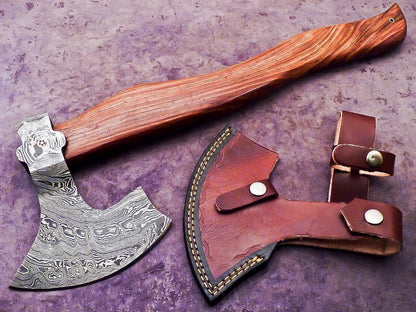 Unique Handmade Damascus Steel Axe 16-Inch with Natural Wood Handle and Leather Sheath
