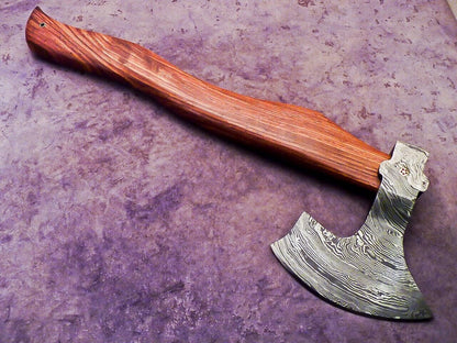 Unique Handmade Damascus Steel Axe 16-Inch with Natural Wood Handle and Leather Sheath