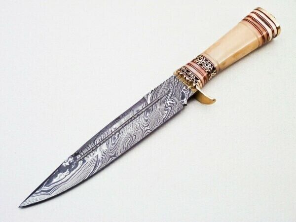 Heritage Forge Damascus Steel Bowie Knife with Camel Bone Handle and Leather Sheath