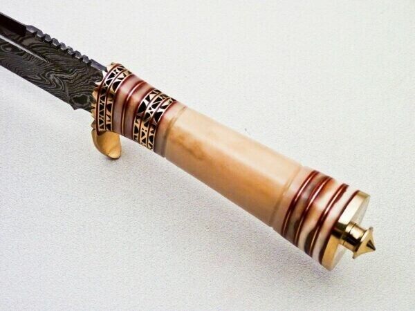 Heritage Forge Damascus Steel Bowie Knife with Camel Bone Handle and Leather Sheath