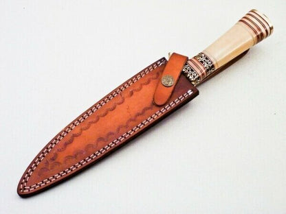 Heritage Forge Damascus Steel Bowie Knife with Camel Bone Handle and Leather Sheath