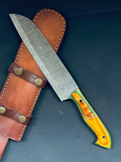 13" Handmade Firestorm Twist Damascus Steel Chef Knife with Bone & Wood Handle