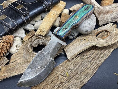 Handmade Damascus Steel Mini Hunting Tracker Knife with Wood Handle & Leather Sheath