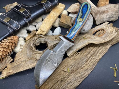 Handmade Damascus Steel Mini Hunting Tracker Knife with Wood Handle & Leather Sheath