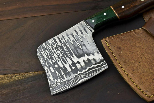 Handmade Forged Damascus Steel Axe Walnut Wood Hunting Clever Chopper Knife with Leather Sheath