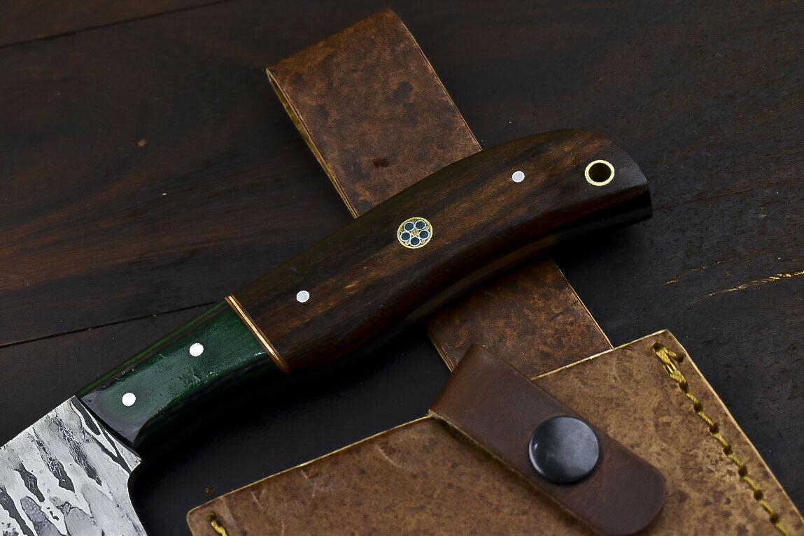 Handmade Forged Damascus Steel Axe Walnut Wood Hunting Clever Chopper Knife with Leather Sheath