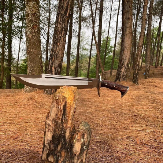 Handmade D2 Steel Bowie Hunting Survival Camping Knife with Leather Sheath – 14" Rosewood Handle