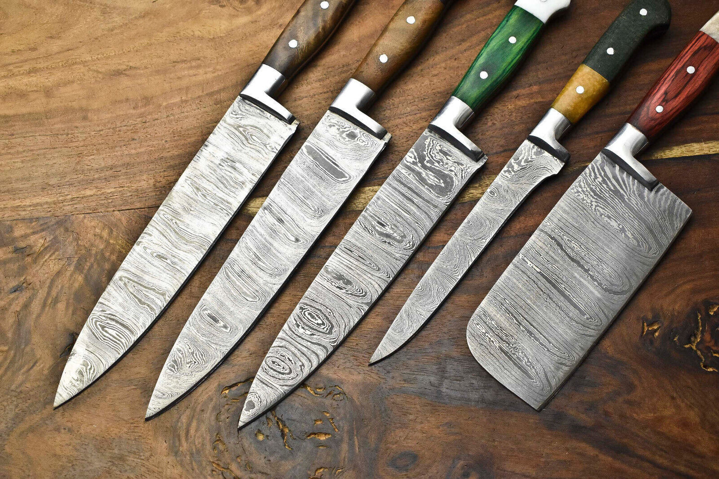 Exclusive Set of 5 Handmade Hammered Damascus Steel Chef Knives – Premium Forged Blades